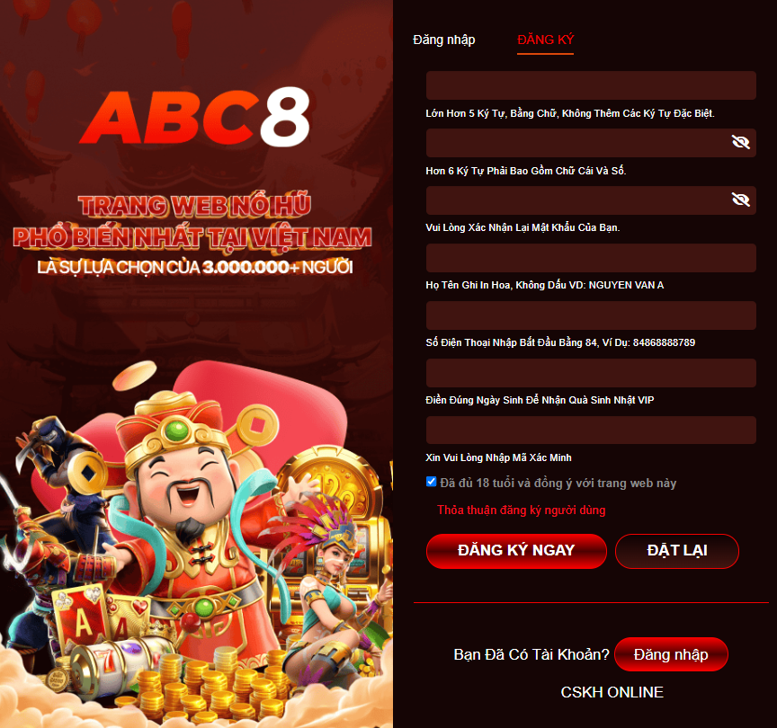 Giao diện đăng ký ABC8 mới nhất